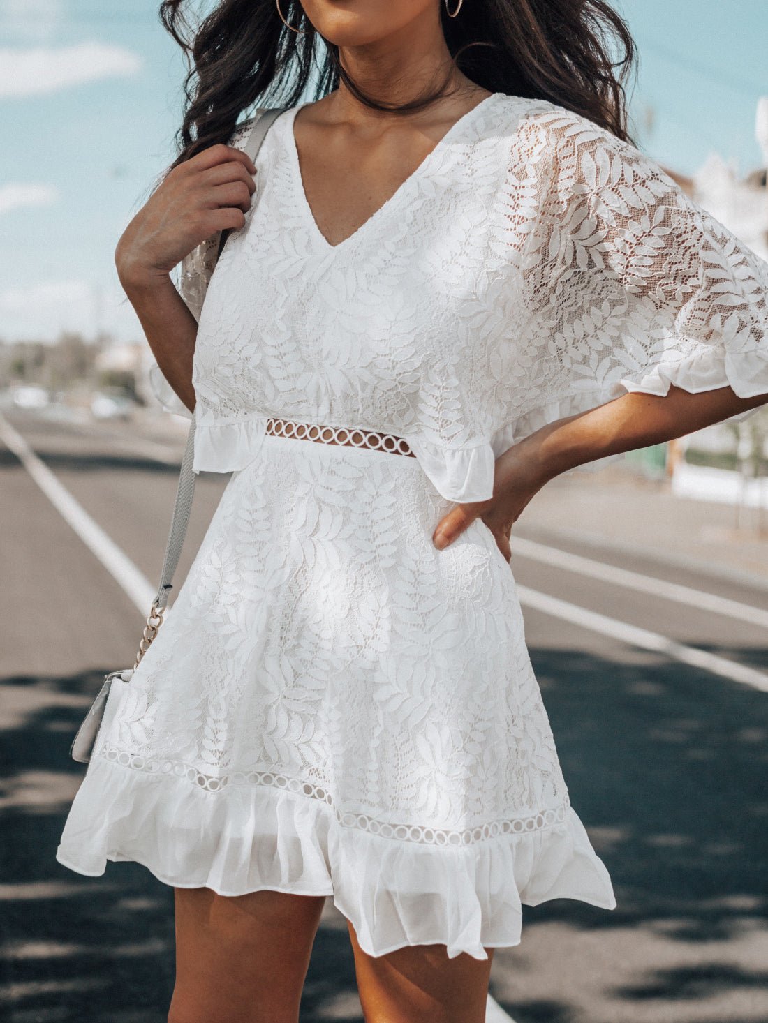 V-Neck Lace Short Sleeve Ruffle Dress Sai Feel