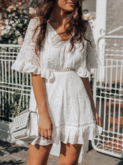 V-Neck Lace Short Sleeve Ruffle Dress Sai Feel