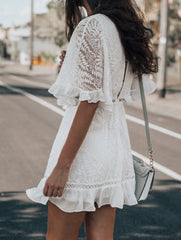 V-Neck Lace Short Sleeve Ruffle Dress Sai Feel