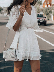 V-Neck Lace Short Sleeve Ruffle Dress Sai Feel