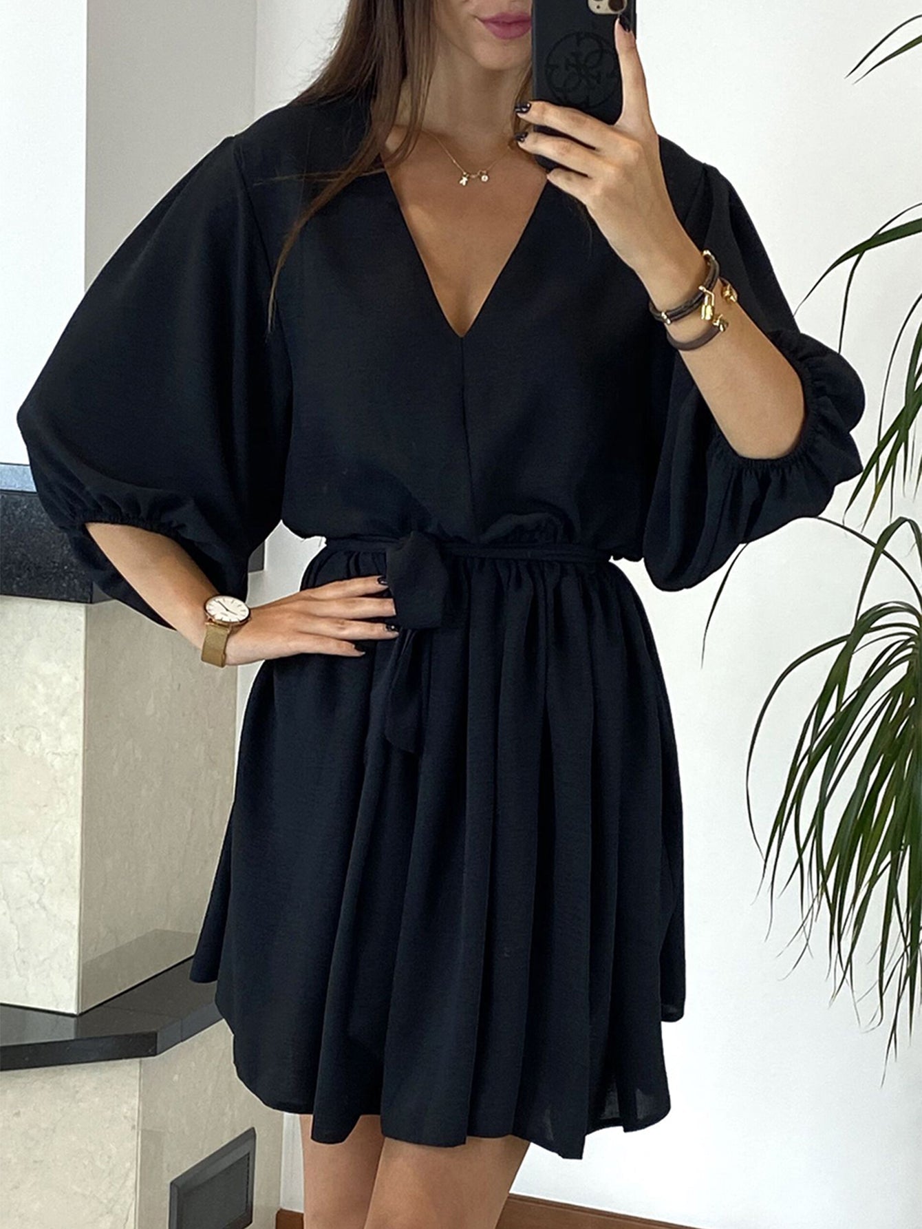 V Neck Lantern Sleeve Dress Sai Feel