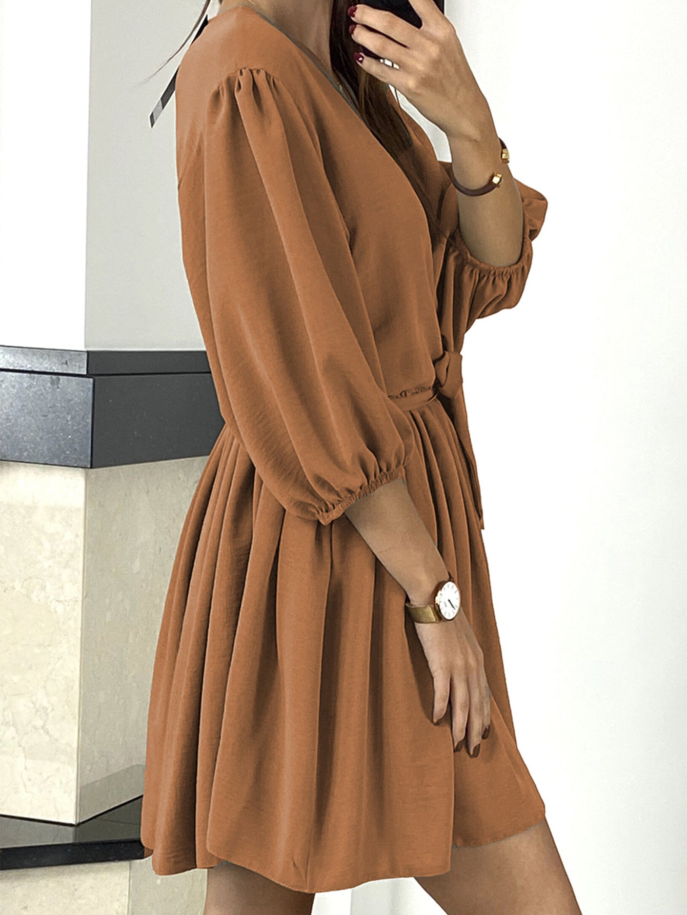 V Neck Lantern Sleeve Dress Sai Feel