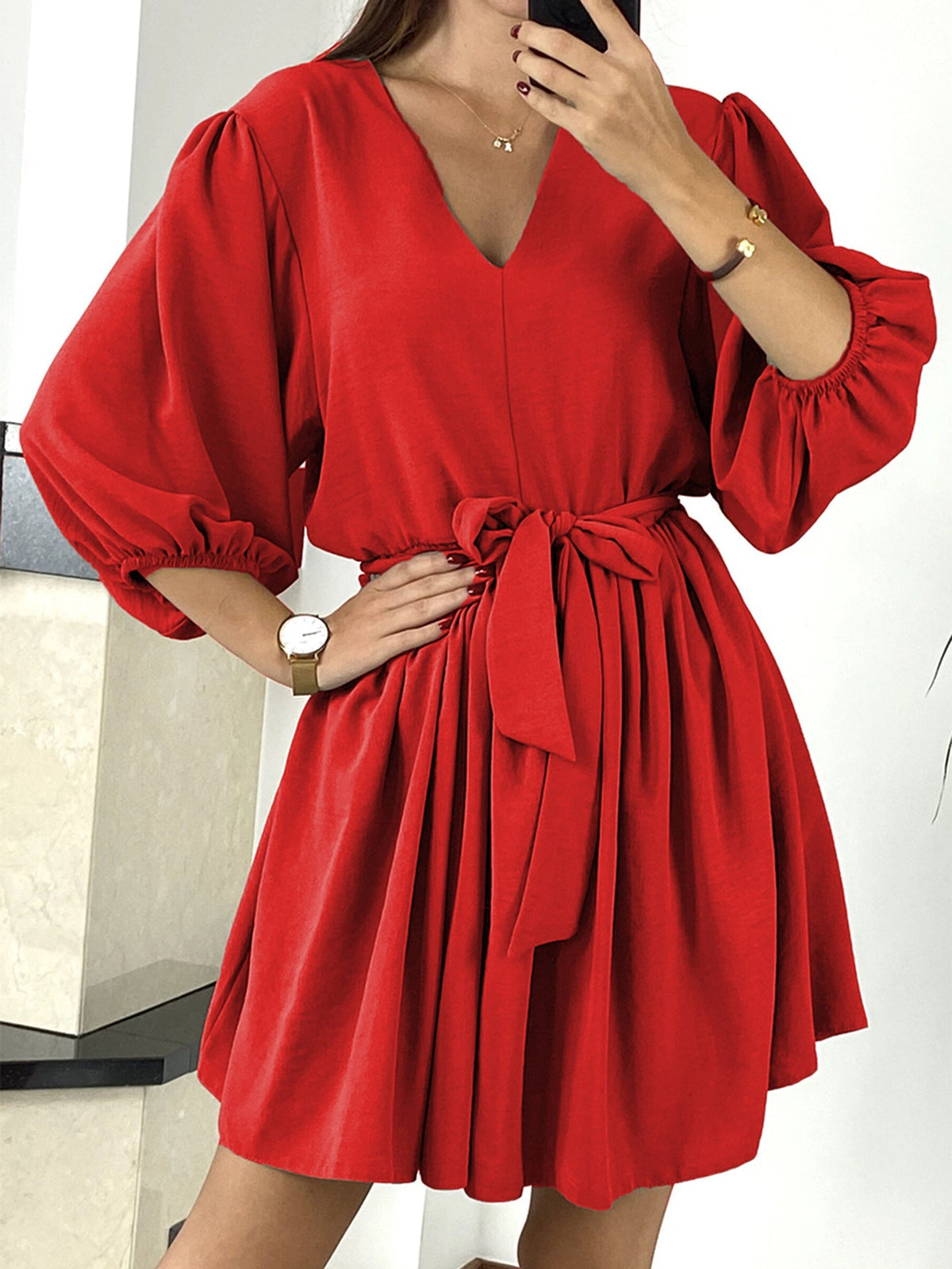 V Neck Lantern Sleeve Dress Sai Feel