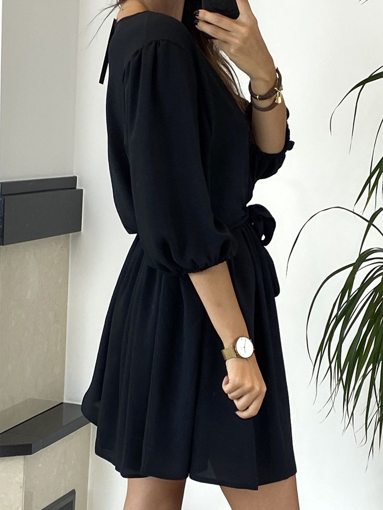 V Neck Lantern Sleeve Dress Sai Feel