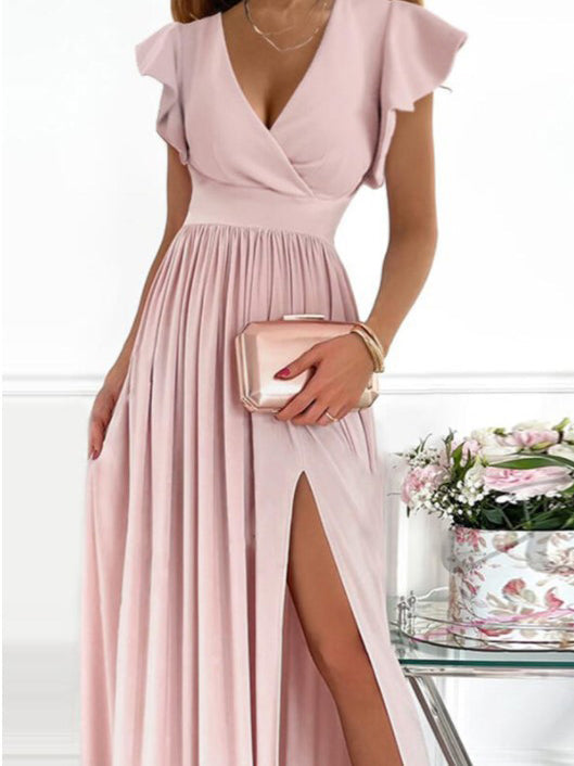 V-Neck Printed Short Sleeve Slit Dress Sai Feel