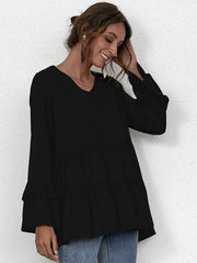 V Neck Ruffle Hem Smock Top Sai Feel