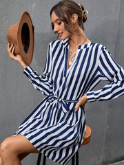 V Neck Striped Belted Dress Sai Feel