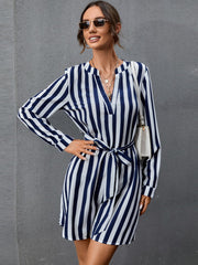 V Neck Striped Belted Dress Sai Feel