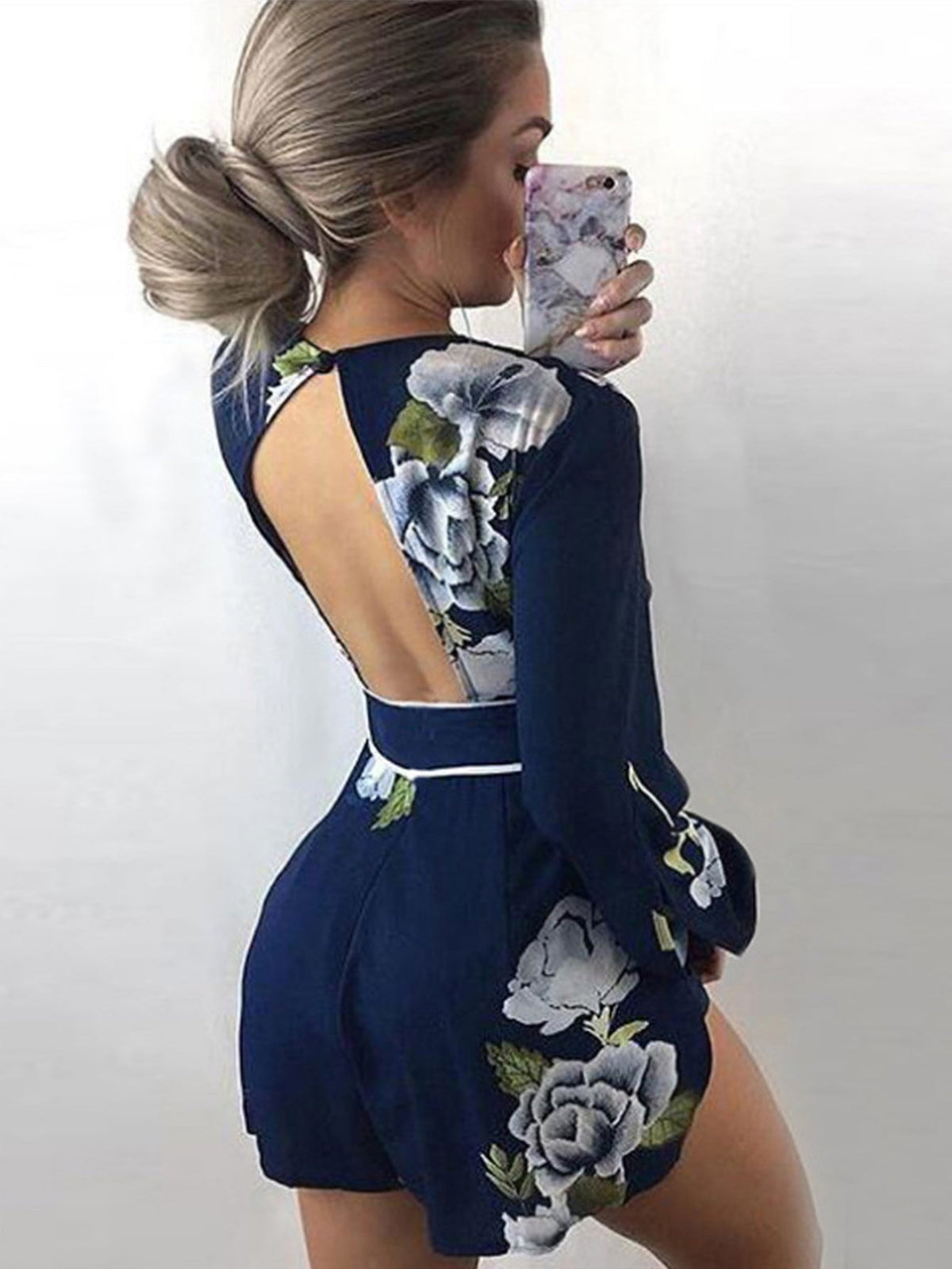 V-neck Backless Floral Print Jumpsuit Sai Feel