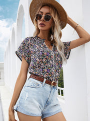 V-neck Floral Short-sleeved Chiffon Shirt Sai Feel