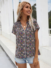 V-neck Floral Short-sleeved Chiffon Shirt Sai Feel