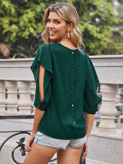 V-neck Hollow Casual Loose Blouse with Button Sai Feel