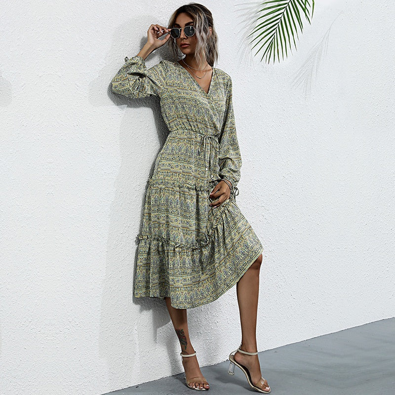 V neck Long Sleeve Printed Women Dress Casual High Waist Long Dress Ruffles Hem Plus Size Dress Sai Feel