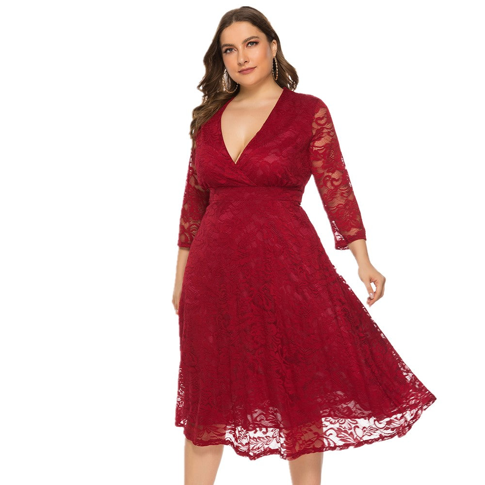 V neck Plus Size 3/4 Sleeve Red Lace Party Dress Sai Feel