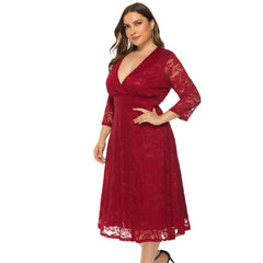 V neck Plus Size 3/4 Sleeve Red Lace Party Dress Sai Feel