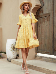 V-neck Polka Dot Ruffled Long Skirt Sai Feel