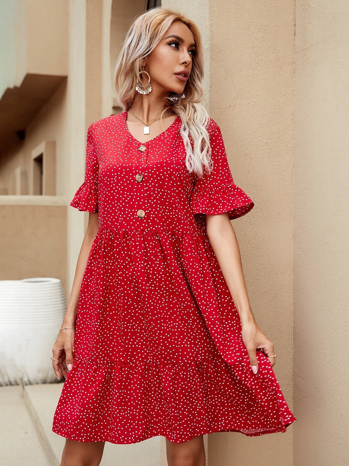 V-neck Polka Dot Ruffled Long Skirt Sai Feel