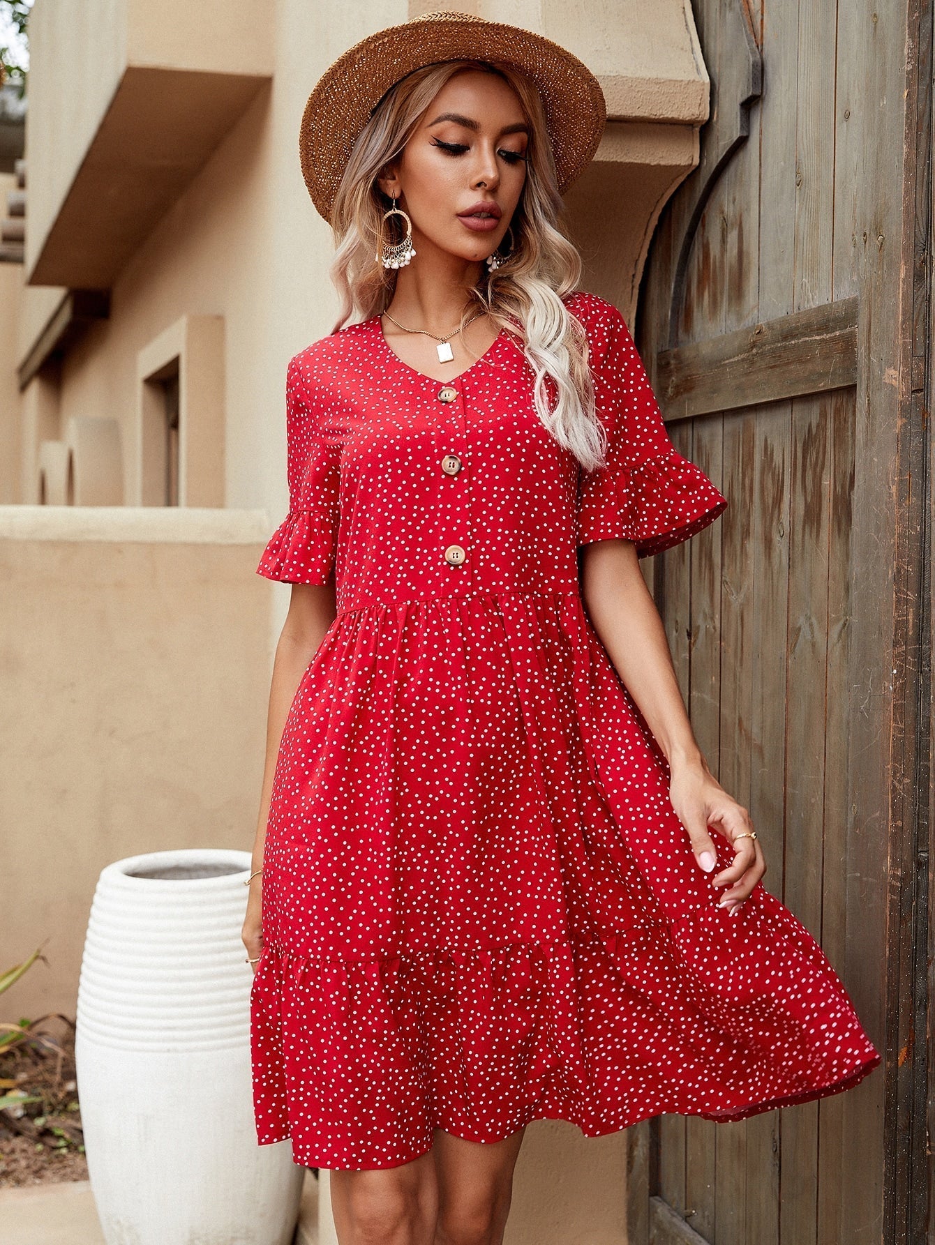 V-neck Polka Dot Ruffled Long Skirt Sai Feel