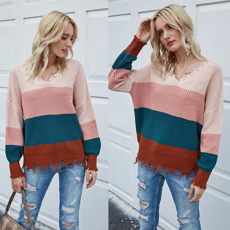 V-neck Striped Contrast Sweater Long-Sleeved Open Back Pullover Sweater Sai Feel