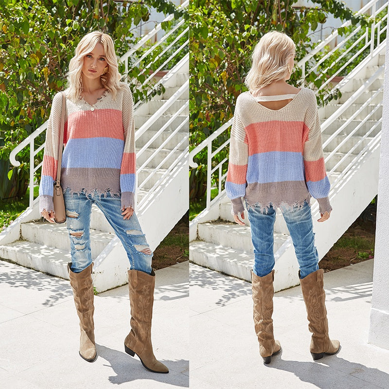 V-neck Striped Contrast Sweater Long-Sleeved Open Back Pullover Sweater Sai Feel