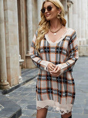 V-neck checkered long knitted dress without belt Sai Feel