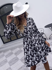 V-neck high waist casual long sleeve printed dress Sai Feel