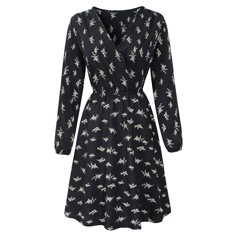 V-neck long sleeve printed chiffon dress Sai Feel