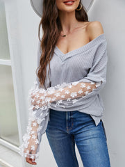 V-neck loose pullover gray sexy long-sleeved lace casual top Sai Feel