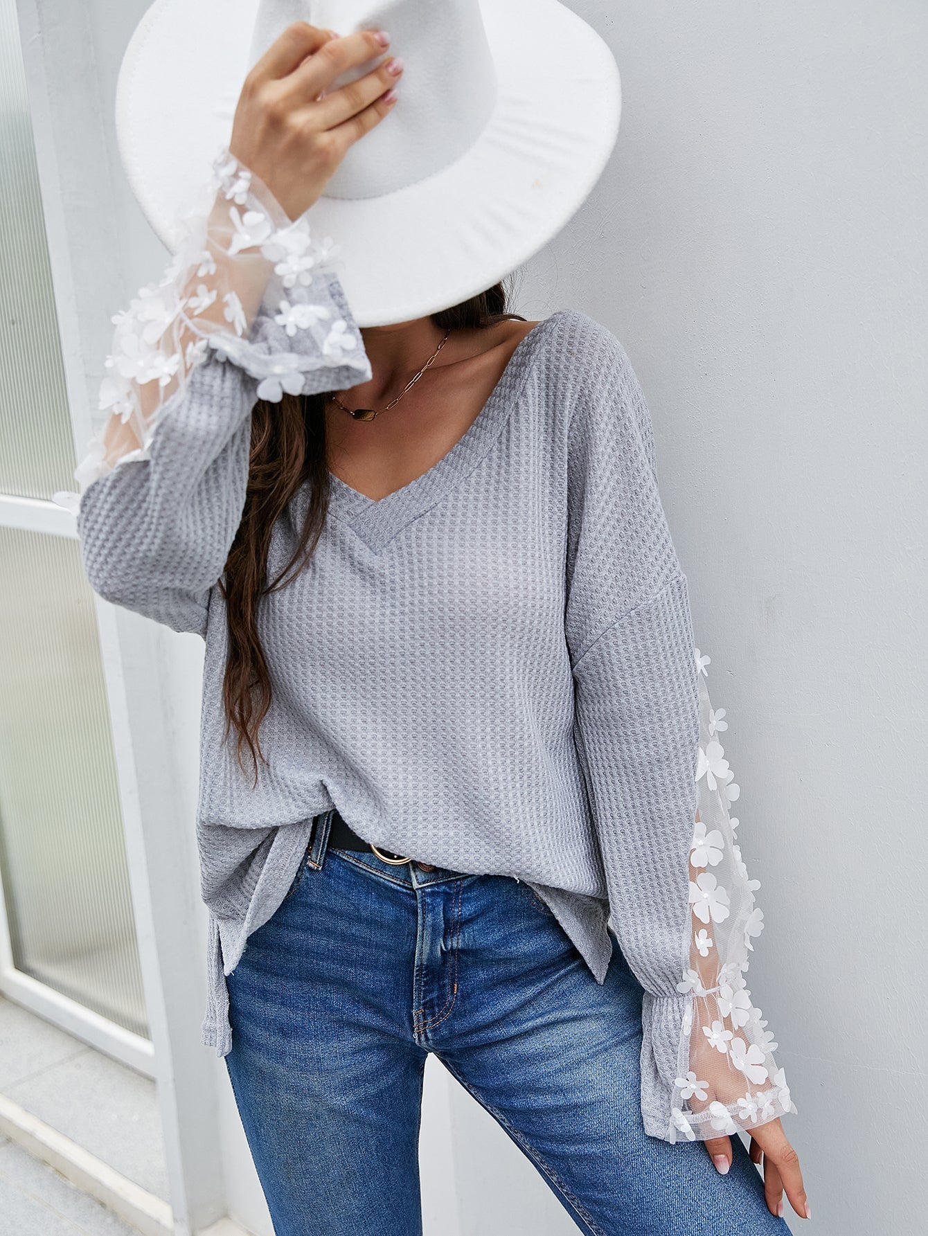 V-neck loose pullover gray sexy long-sleeved lace casual top Sai Feel