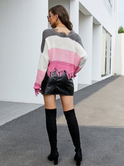 V-neck loose striped sexy off-the-shoulder fringed sweater Sai Feel