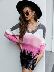 V-neck loose striped sexy off-the-shoulder fringed sweater Sai Feel