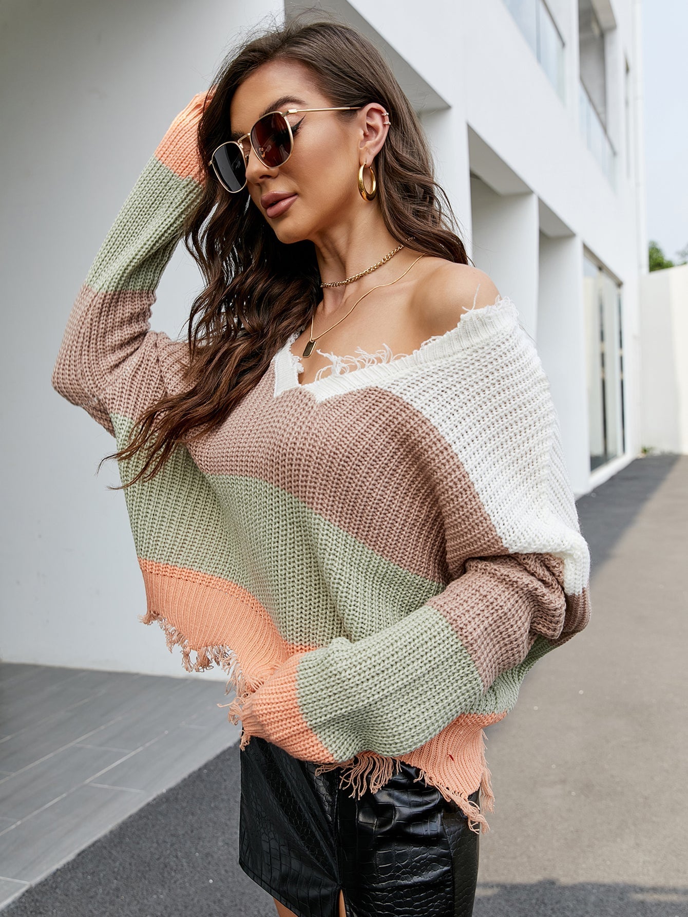 V-neck loose striped sexy off-the-shoulder fringed sweater Sai Feel