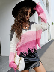 V-neck loose striped sexy off-the-shoulder fringed sweater Sai Feel