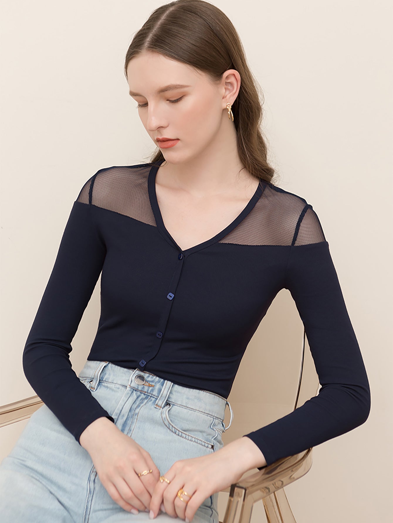 V neck mesh crop top Sai Feel