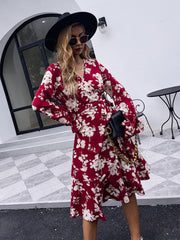 V-neck printed red skirt high waist casual long sleeve dress Sai Feel