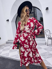 V-neck printed red skirt high waist casual long sleeve dress Sai Feel