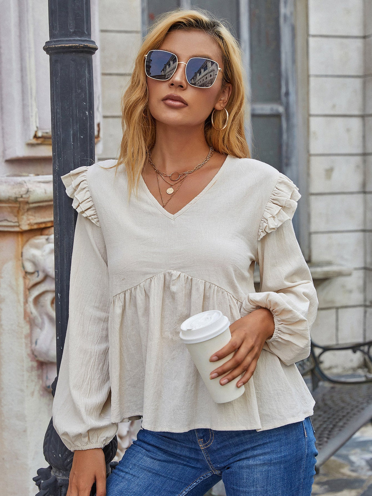 V-neck puff sleeve long-sleeved loose high-waist top Sai Feel