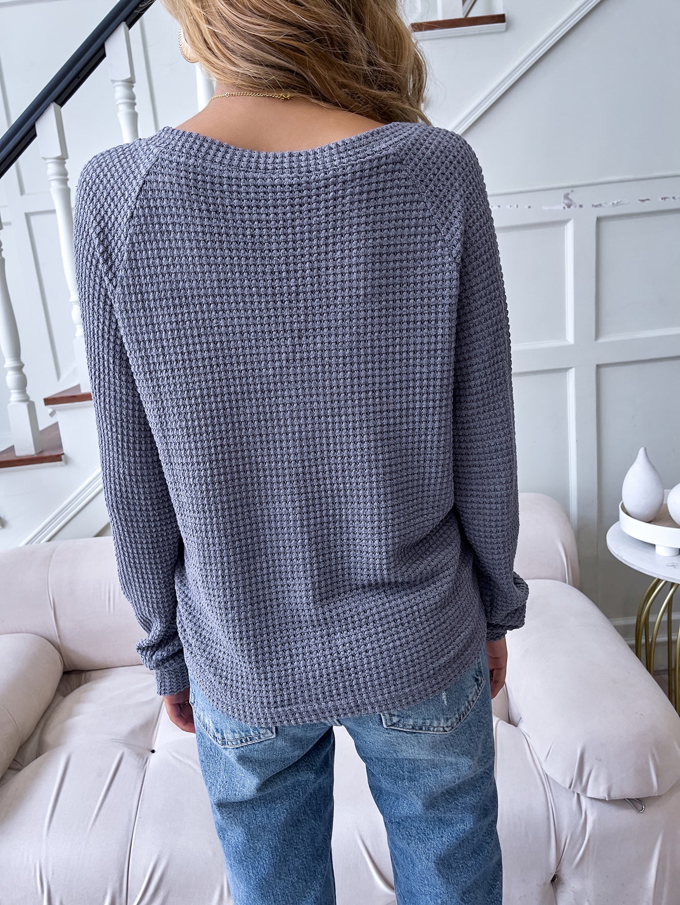 V-neck sweater solid color drawstring long-sleeved sexy strapless top Sai Feel