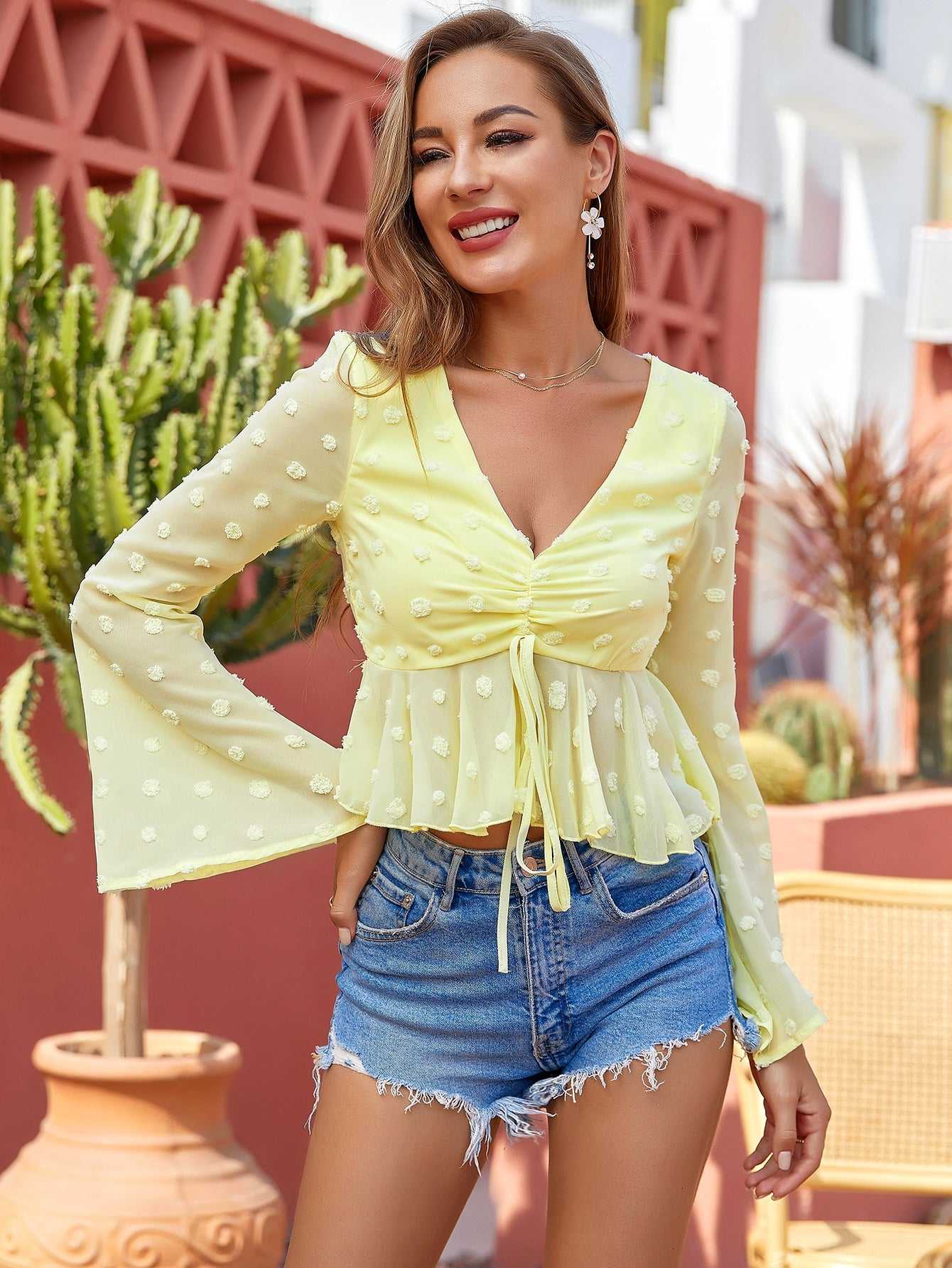 V neck wave point short flared sleeve top sexy pop up shirt women bandage blouse multicolor Sai Feel