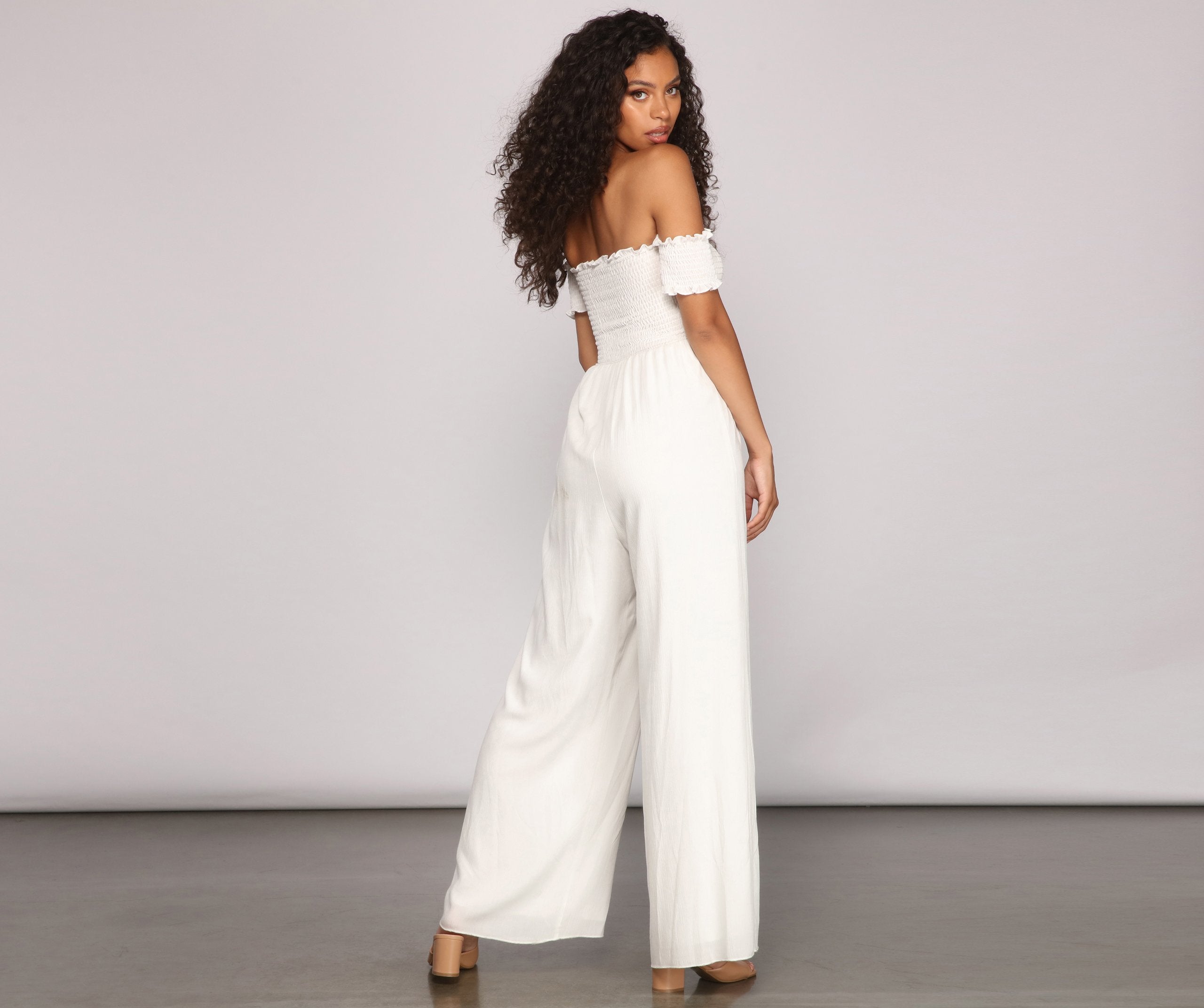 Vacay Bound Off The Shoulder Smocked Jumpsuit Sai Feel