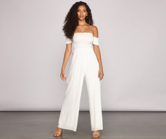 Vacay Bound Off The Shoulder Smocked Jumpsuit Sai Feel