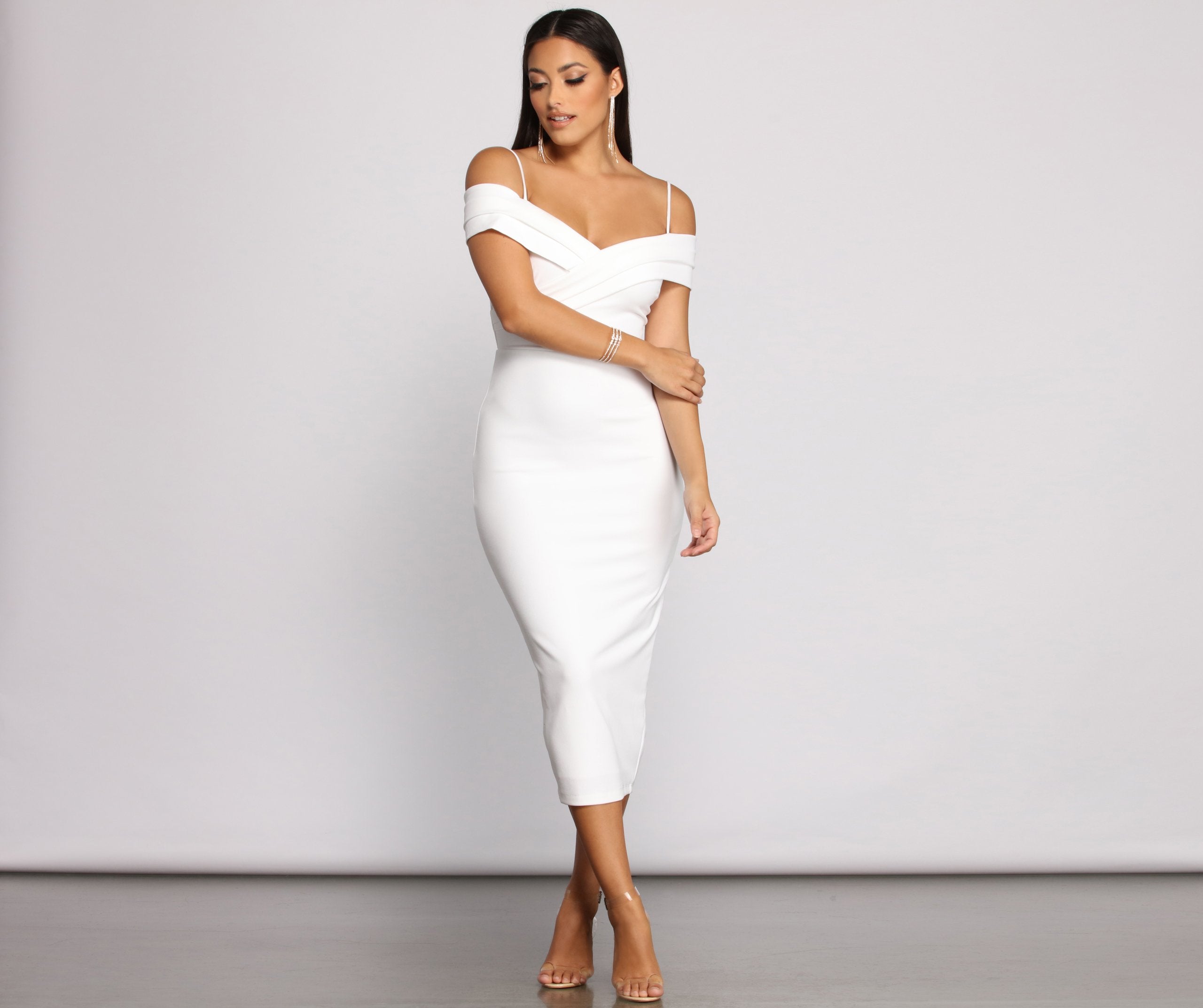 Valeria Formal Off The Shoulder Crepe Midi Dress Sai Feel