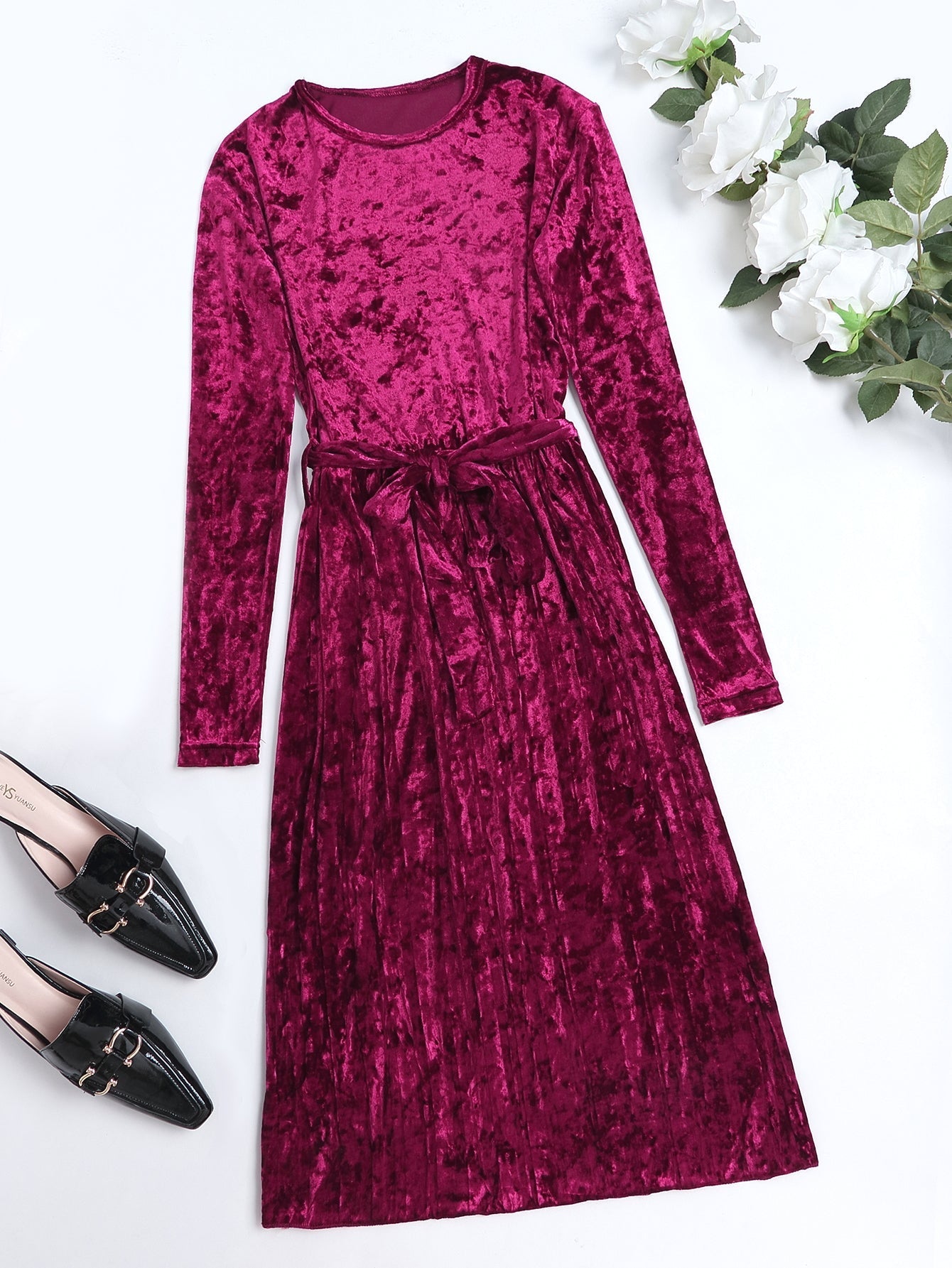 Velour Long Sleeve Dress with Wasit Tie Sai Feel