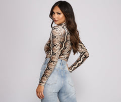 Velvet Snake Print Mock Neck Bodysuit Sai Feel