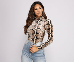 Velvet Snake Print Mock Neck Bodysuit Sai Feel