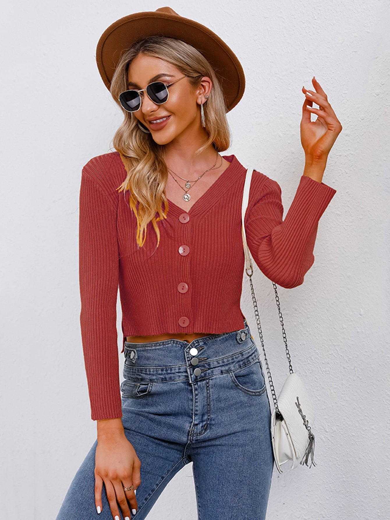 Versatile short long sleeve solid color short sweater Sai Feel