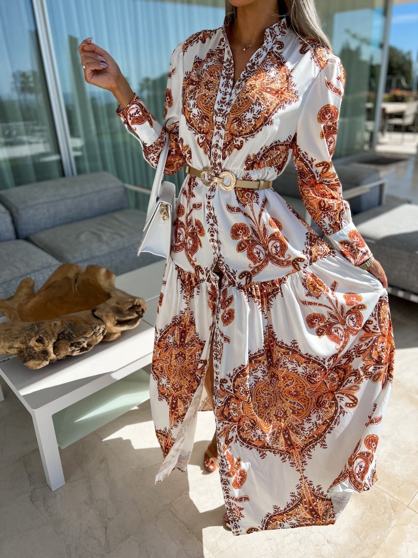 Vintage Print Long Sleeve Slit Dress Sai Feel