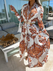 Vintage Print Long Sleeve Slit Dress Sai Feel