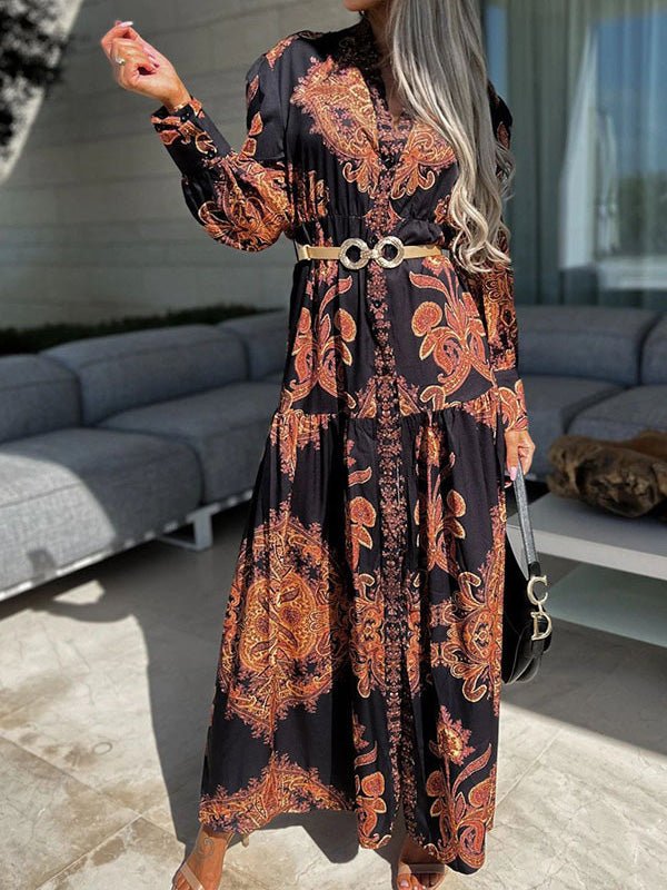 Vintage Print Long Sleeve Slit Dress Sai Feel