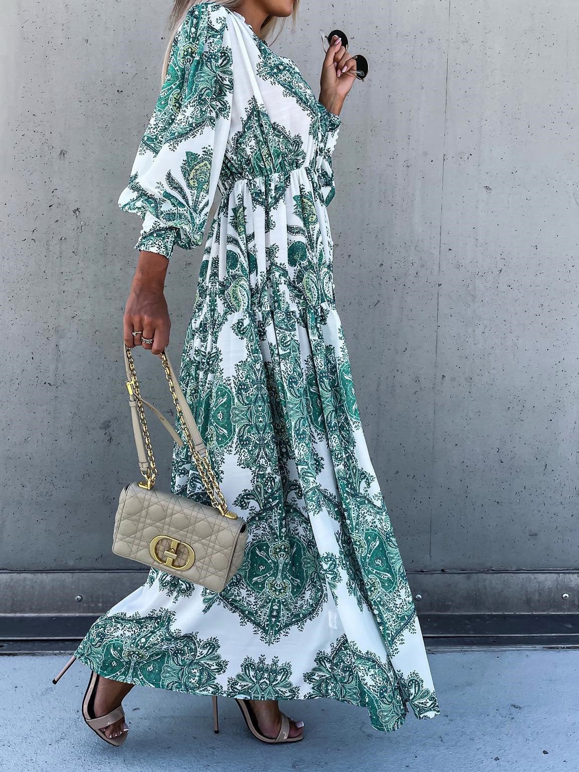 Vintage Print Long Sleeve Slit Dress Sai Feel